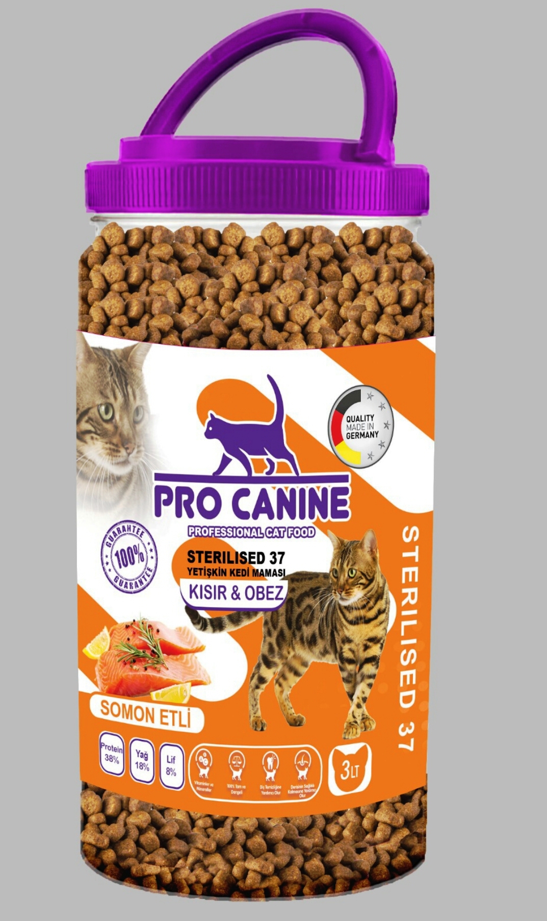 PRO CANINE AZ TAHILLI HYPOALLERGENİC SOMONLU KISIR - OBEZ STERİLİSED YETİŞKİN KEDİ MAMASI 3 LT