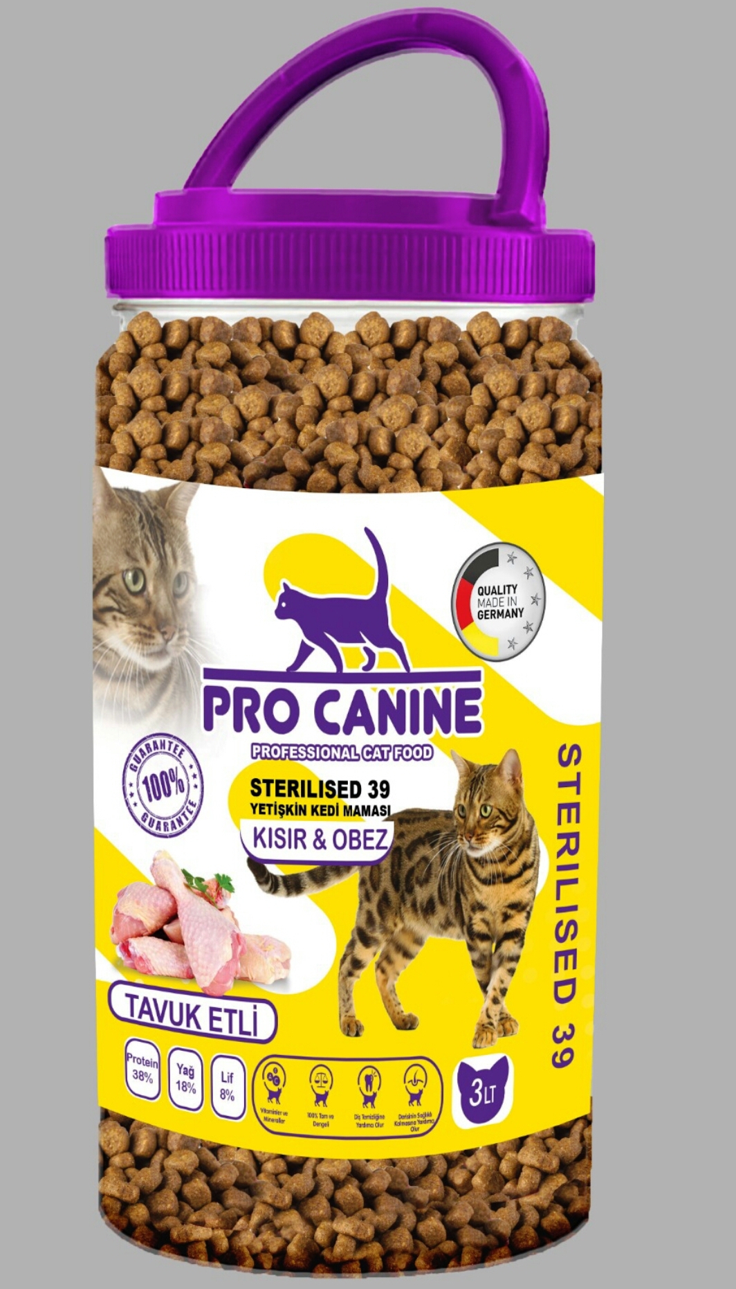 PRO CANINE AZ TAHILLI HYPOALLERGENİC TAVUK ETLİ KISIR -OBEZ STERİLİSED YETİŞKİN KEDİ MAMASI 3 LT