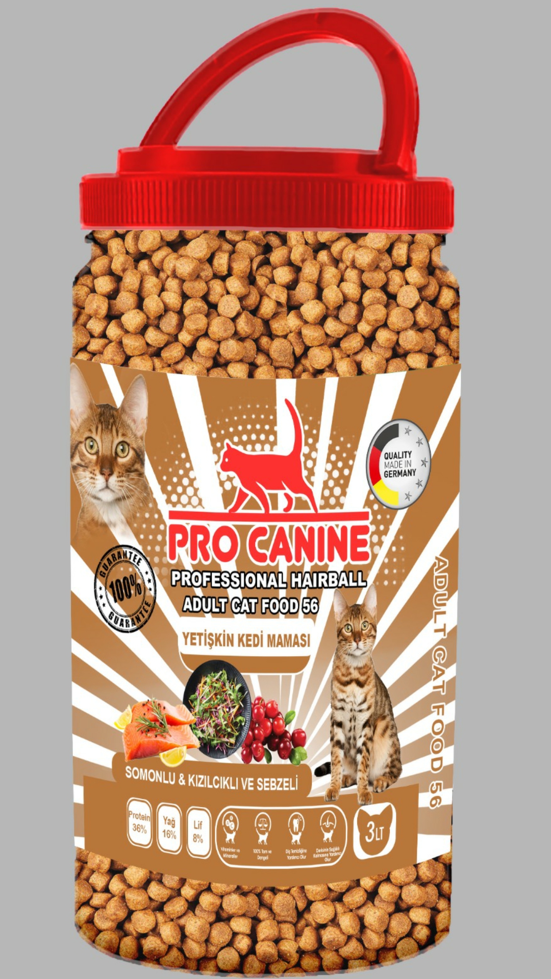 PRO CANİNE PROFESSİONAL HAIRBALL SOMONLU -KIZILCIKLI SEBZELİ YETİŞKİN KEDİ MAMASI  3 LT